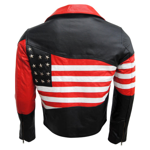 Classyak Biker Leather Jacket USA Flag, Protection on Shoulders, Elbows & Back