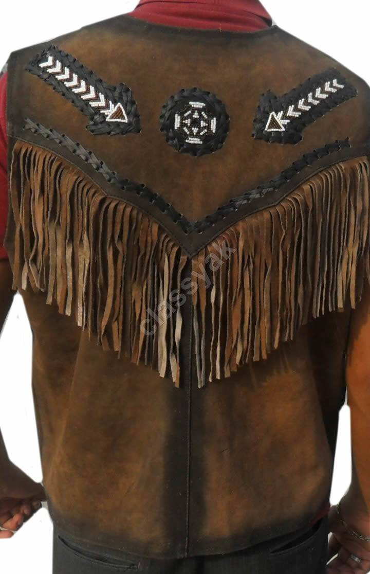 Classyak Western Genuine Leather Vest, Excellent Beads Work & Fringed, Xs-5xl