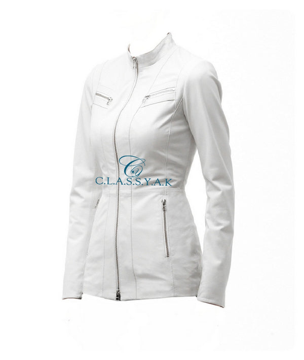 Women Fashion Genuine Leather Coat White Jacket - Sheep Nappa