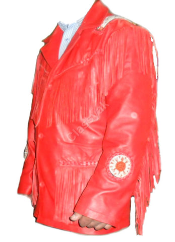 Classyak Western Leather Jacket Red, fringed and beaded, Xs-5xl