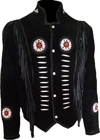 Classyak Men's Western Cowboy Fringed & Boned Suede Leather Jacket