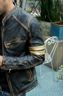 Men’s Motorcycle Biker Vintage Cafe Racer Distressed Black Real Leather Jacket